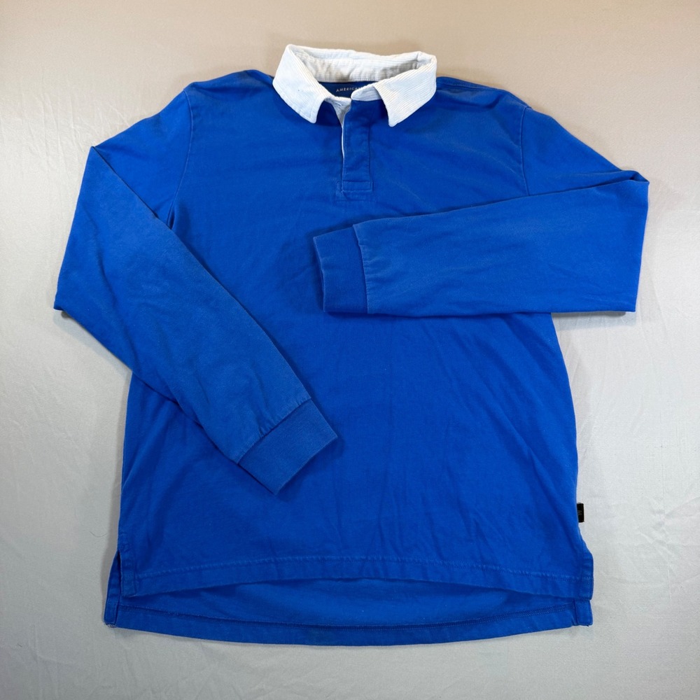 American Eagle Mens Rugby Shirt Blue White Corduroy Collar Long Sleeve Medium